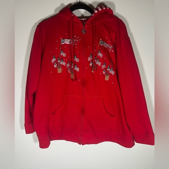Vintage Y2K Quacker Factory red gold stars embroidered flags zip up hoodie sz 1X - Picture 1 of 15